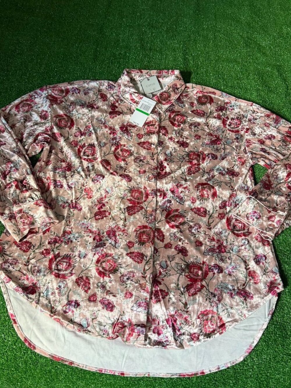Cupio Button Up Long Sleeves Pink Floral soft fabric Blouse Top Shirt Size L NEW